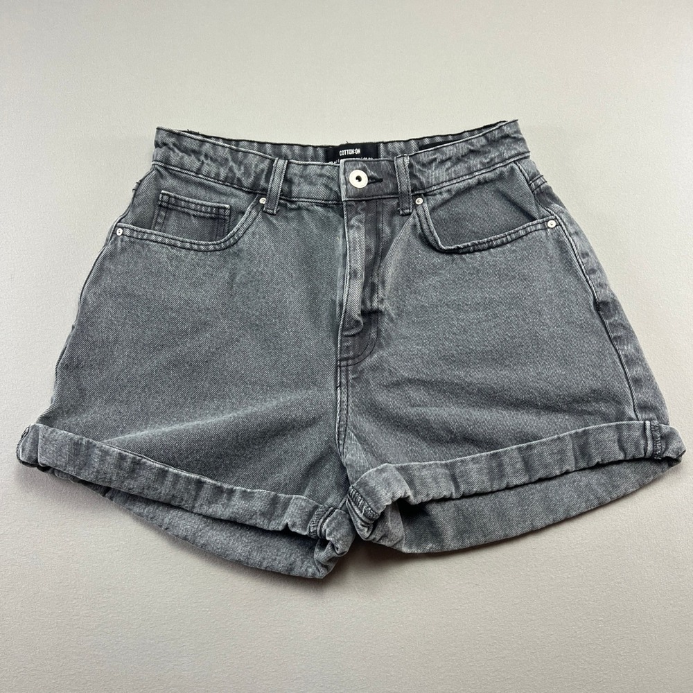 Cotton On Mom Shorts Womens 6 Gray Denim Acid Washed High Waisted Cuffed Hem